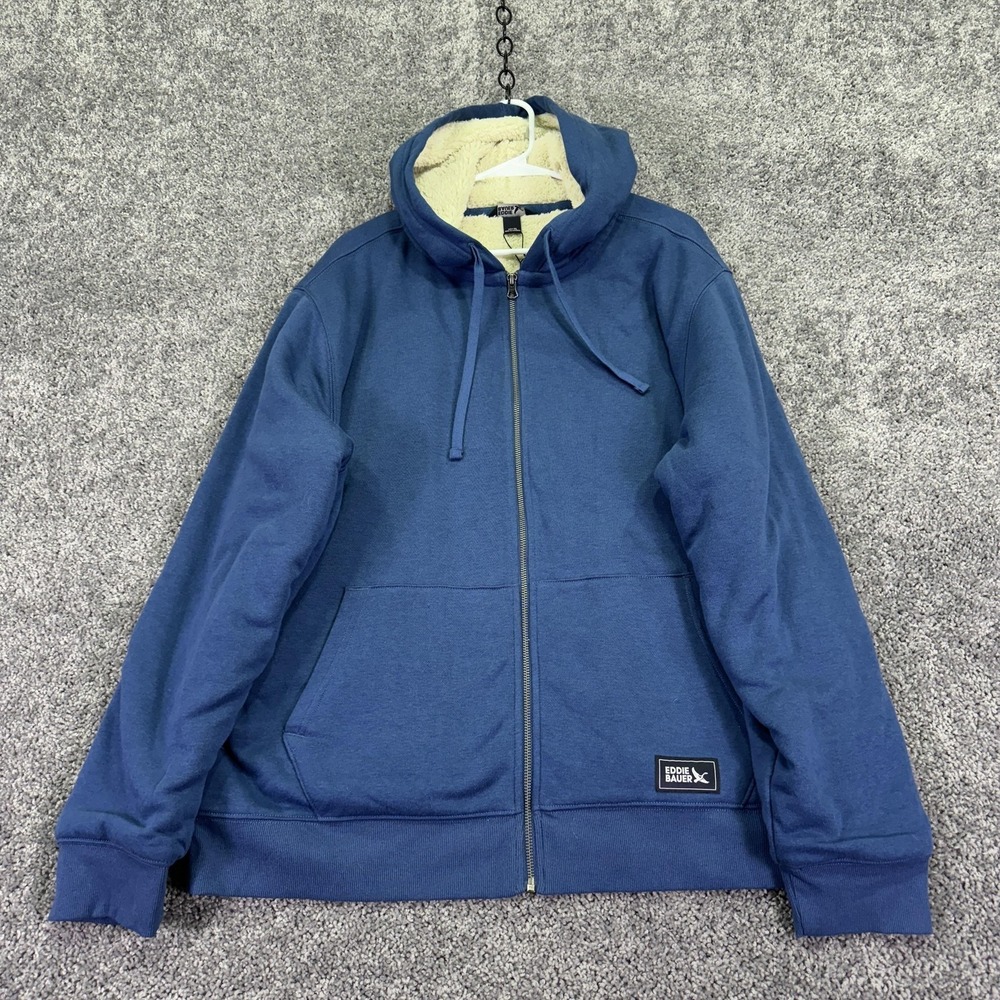 Eddie Bauer Hoodie Mens XL Blue Faux Shearling Lined Fleece Full Zip Heavyweight
